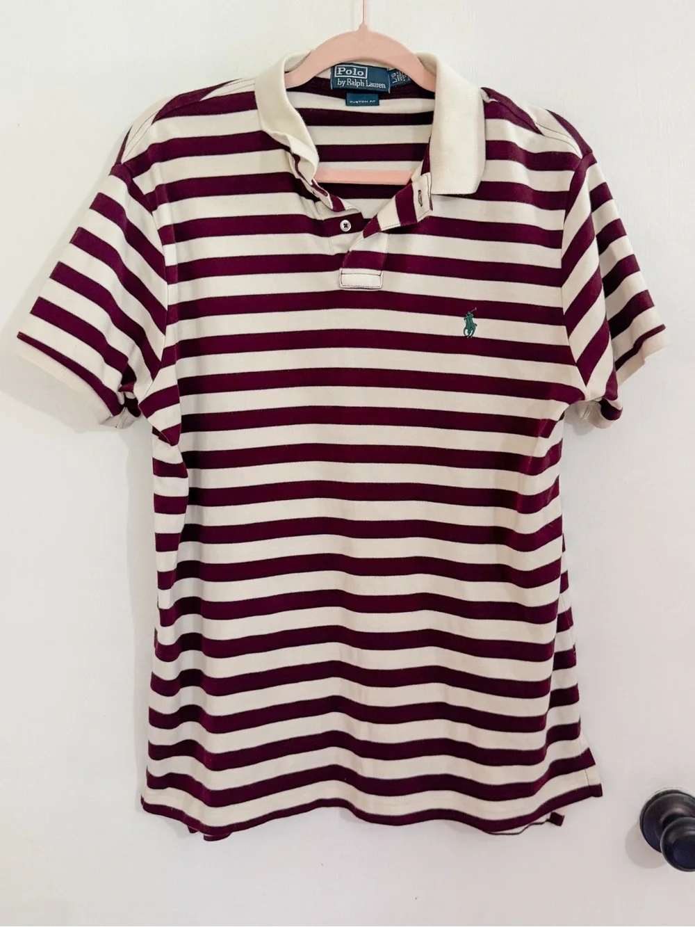Ralph Lauren Burgundy and Cream Striped Polo with green horse logo embroidery L